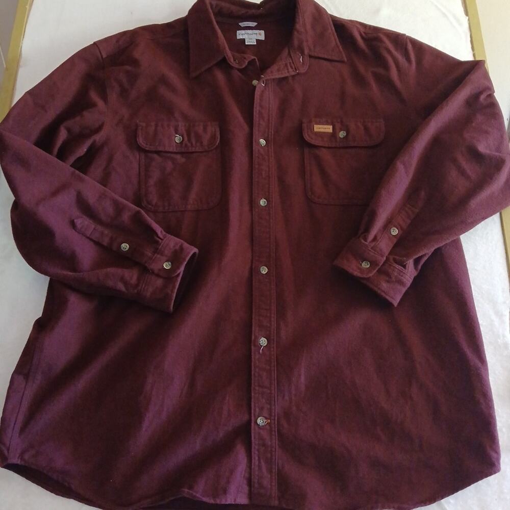 Carhartt Mens Long Sleeve Shirt Size 2XL Maroon Double Pocket 100% Cotton Heavy